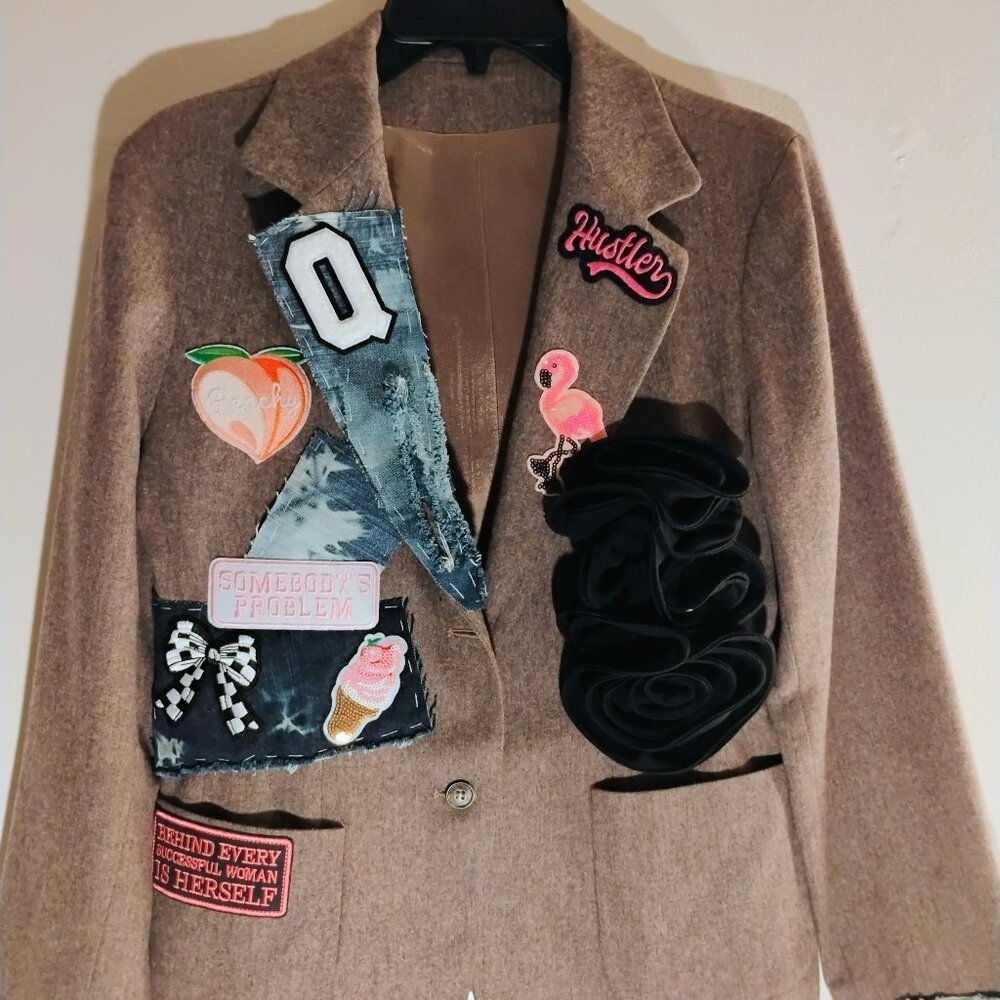 Light brown, size small blazer with patches - thrifted, dry cleaned & designed!